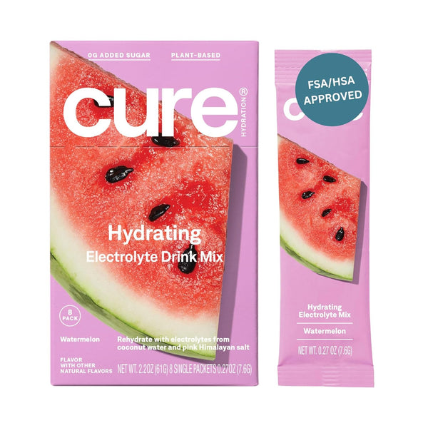 Cure Hydration Plant-Based Electrolyte Drink Mix - No Added Sugar Coconut Water Powder, Box of 8 Packets