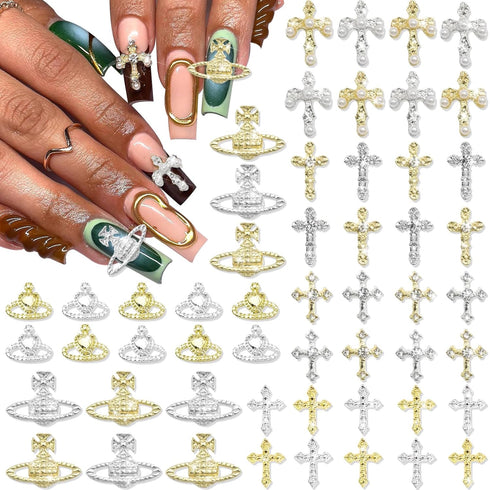 RODAKY 54PCS Cross Nail Charms, Gold Cross Charms for Nails, 3D Planet Nail Art Jewelry