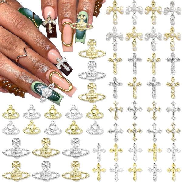 RODAKY 54PCS Cross Nail Charms, Gold Cross Charms for Nails, 3D Planet Nail Art Jewelry