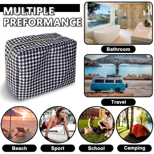 Waterproof Large Makeup Bag Pouch, Nylon Women Travel Toiletry Storage Bag, Houndstooth Cosmetic Organizer for Girls