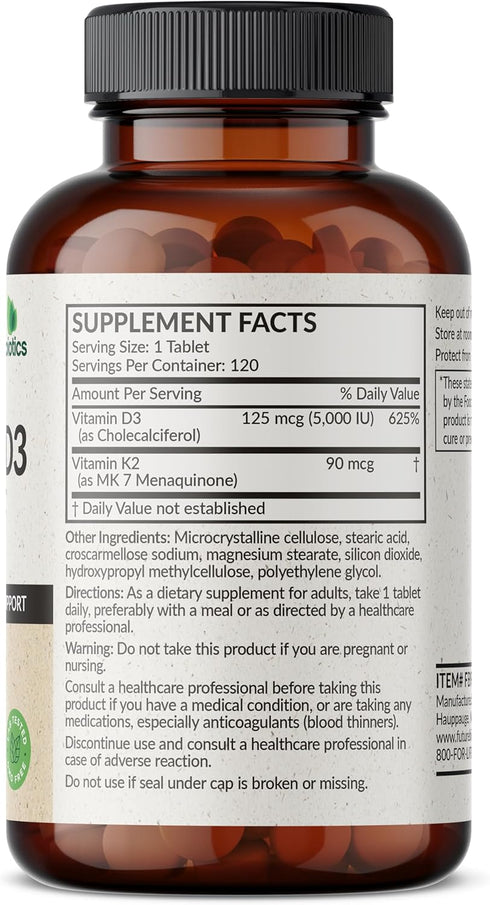 K2 D3, 2 1 5000 D3 90 K2 MK-7 120 Futurebiotics Vitamin with in Support, IU Vitamin & mcg Vitamin Non-GMO, Tablets