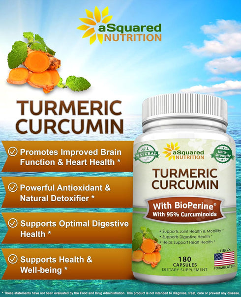 aSquared Nutrition Turmeric Curcumin 1300mg with BioPerine Black Pepper Extract - 180 Capsules - with 95% Curcuminoids, 100% Natural Tumeric Root Powder Supplements, Pure & Joint Stiffness Pills