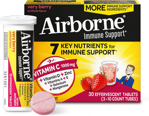 Airborne 1000mg Vitamin C with Vitamin D & Zinc, Sugar Free Immune Support Supplement, 30 Effervescent Tablets