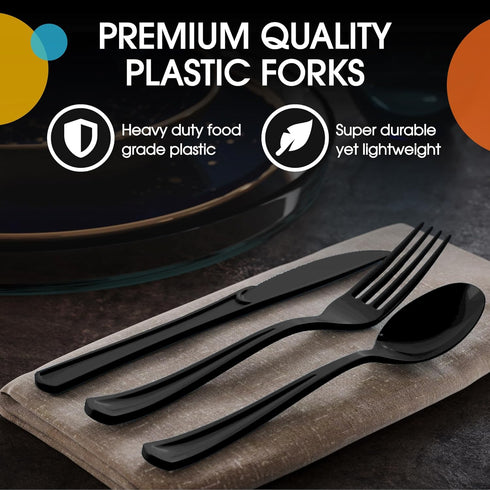 150 Pack Black Plastic Cutlery Set - Heavy Duty Disposable Silverware, 50 Forks, Spoons & Knives for Parties