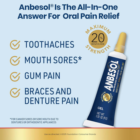 Anbesol Maximum Strength Oral Pain Relief Gel, 0.33 oz, Instant Relief for Toothache, Canker Sores, and More