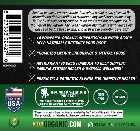 KOA Organics -30 Greens Superfood Juice Powder - USDA Organic Super Greens Powder with with Spirulina, Chlorella