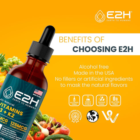 E2H EARTH TO HUMANS Vitamin D3 & K2 Supplement - Liquid Vitamin D3 5000 IU - Non-GMO, Vegan - (2 Bottles)