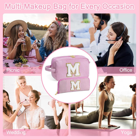 Birthday Gifts for Women, Personalized Monogram Initial Pink Makeup Bag, Cute Cosmetic Pouch for Her