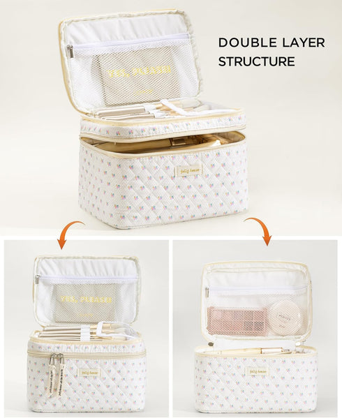 HBselect 2Pcs Double Layer Travel Makeup Bag Women, Cotton Quilted Makeup Bag Coquette Makeup Bag Large Travel Cosmetic Bag Aesthetic Cute Kawaii Cherry Makeup Bag Toiletry Bags for Women Girls