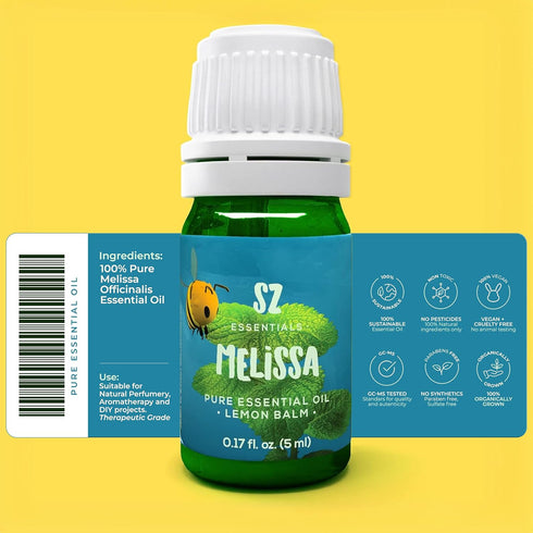 Melissa Essential Oil - Aka Lemon Balm - 100% Pure and Undiluted - Extracted from Melissa Officinalis - Sweet & Fruity Scent with Citrusy Overtones - Therapeutic Grade & Vegan - 0.17oz
