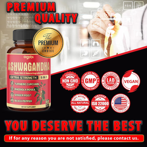 Ashwagandha Supplement Capsules, 90 Count with Ginger Root, Turmeric, Rhodiola Rosea & Black Pepper