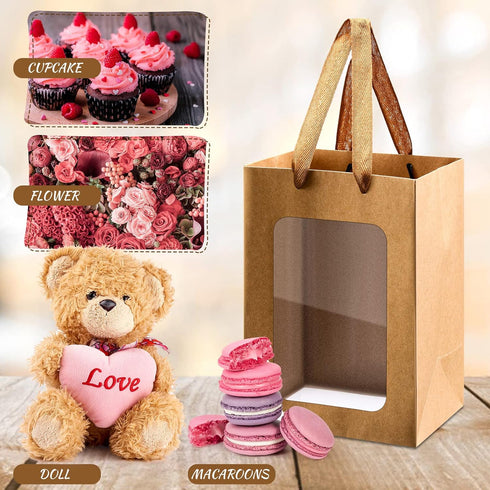 Yexiya 15 Pcs Kraft Paper Gift Bags with Clear Window, 7 x 5 x 10 Inch Transparent Flower Bouquet Bags for Festivals