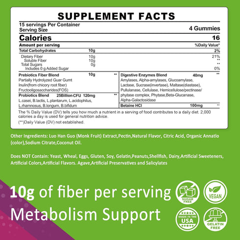 Fiber Gummies for Adults, Sugar Free 10g Prebiotic Fiber Supplement with Digestive Enzymes, Probiotics & 100mg Betaine for Digestive & Gut Health and Regulate Bowel Movement, Vegan, Gelatin Free,120ct