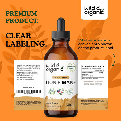 Organic Lions Mane Liquid Extract - Lion’s Mane Mushroom Supplement - Vegan, Alcohol Free Drops - 4 fl oz
