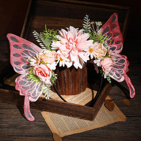 MOSTORY Flower Crown with Butterfly Fairy Wings Headband, Elf Woodland Hairband for Renaissance Cosplay Halloween