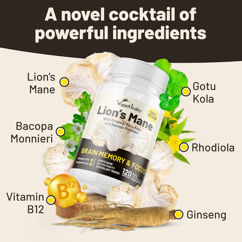 Lions Mane Supplement Capsules - Nootropic Brain Support Supplement, Lions Mane Extract - 120 Vegan Bacopa Monnieri, Gotu Kola, Ginseng Capsules - Focus Memory Support