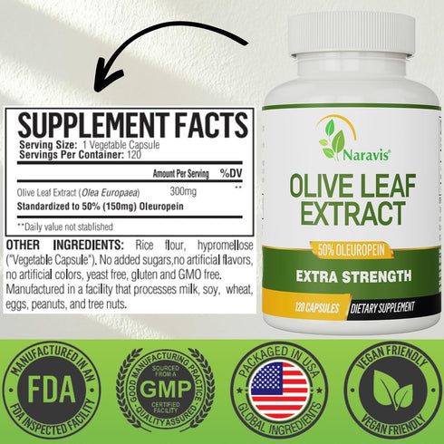 Olive Leaf Extract, 4-Month Supply, 50% Oleuropein Highest Concentration