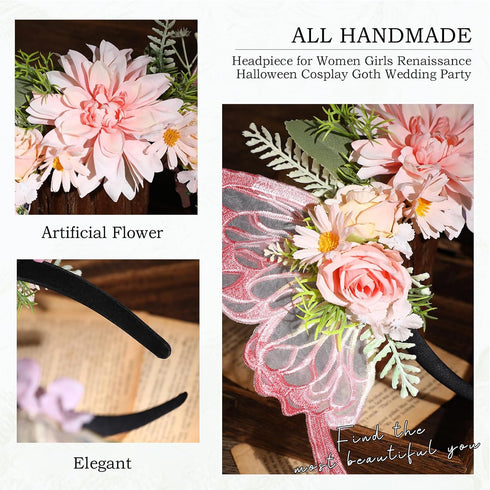 MOSTORY Flower Crown with Butterfly Fairy Wings Headband, Elf Woodland Hairband for Renaissance Cosplay Halloween