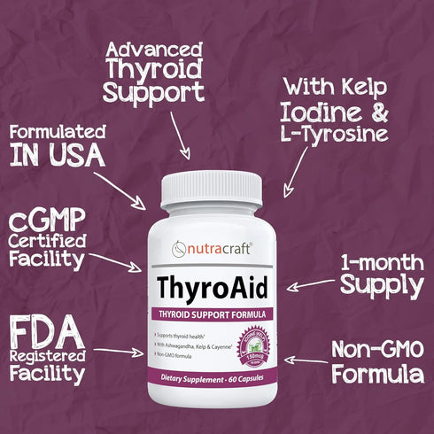 ThyroAid #1 Thyroid Support Supplement | Natural Herbal Formula with Iodine (Kelp), Ashwagandha, L-Tyrosine & More | 60