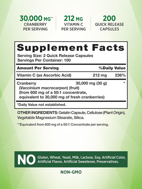 Nature's Truth Cranberry Concentrate plus Vitamin C Pills | 30,000mg | 200 Quick Release Capsules | Non-GMO & Gluten Free Supplement