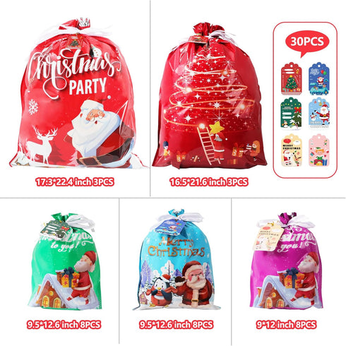 YIGOYIHU 30PCS 5 4 Christmas Gift Bags Drawstring - Christmas Gift Bags Assorted Sizes - Designs Size Xmas Bag Bulk