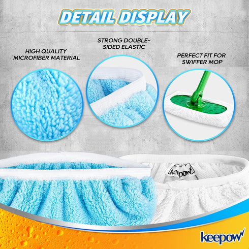 KEEPOW 10 Pack Reusable Microfiber Mop Pads for Swiffer Sweeper Mop - Washable Wet Pad Refills for Hardwood Floor