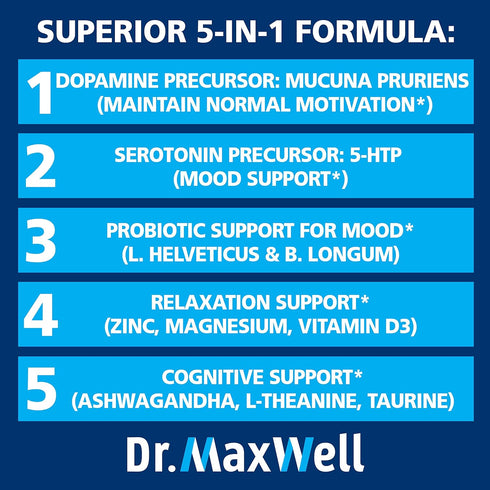 Serotonin and Dopamine Supplements with Mood Probiotic - 5in1 Support for Relaxation, Focus & Brain - 60 Capsules