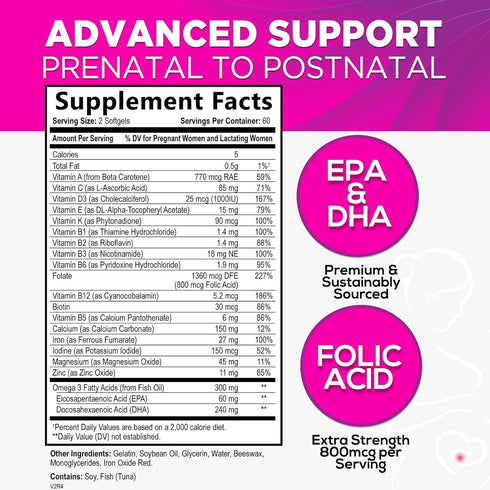 Women's Prenatal Multivitamin with Folic Acid + DHA, Prenatal Vitamin Supplement for Fetal Support w/ Folate, Omega 3, Vitamins D3, B6, B12 & Iron, Pregnancy Prenatal DHA, Non-GMO - 120 Softgels