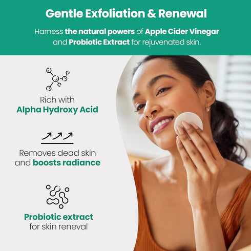 Toner Pads for Face - Exfoliating Wipes for All Skin Types, Apple Cider Vinegar & Green Tea, 60 Pads