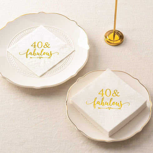 Crisky 40 and Fabulous Cocktail Napkins Gold for Women, 40th Birthday Decorations, 50Pcs, 3-Ply Supplies