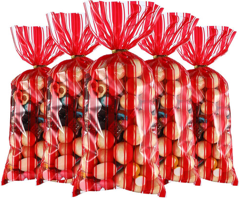 Blulu 100 Pcs Halloween Plastic Carnival Circus Party Treat Bags - Red and White Stripe Printed Clear Cellophane with