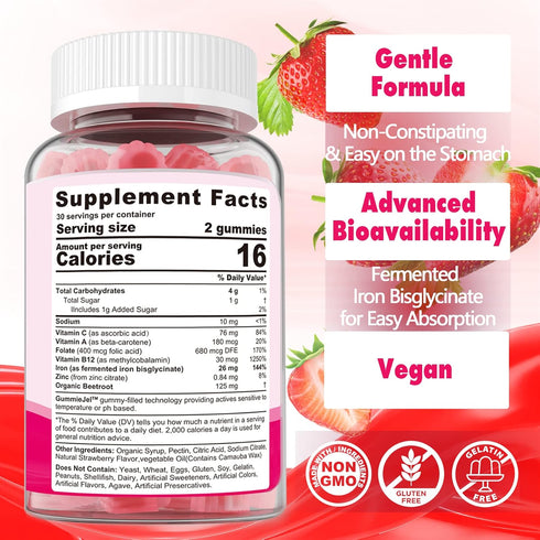 Vegan Iron Filled Gummies for Women, Non Constipating High Absorption 26mg Gentle Bisglycinate Iron w/Vitamin C, Folate, Beet Root, B12 for Iron Deficiency & Anemia, Energy, No Rust Taste, 60Cts