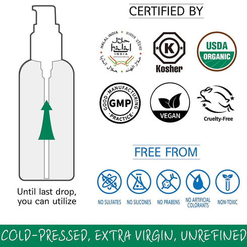 USDA Organic Moringa Oil, Pure Multi-Purpose Face, Body, Hair Oil - Food Grade, Cold Pressed, 3.4 fl oz with Pump
