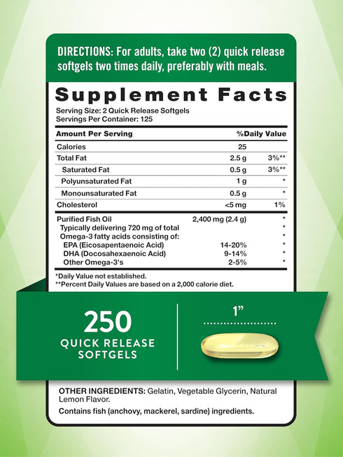 Nature's Truth Burpless Fish Oil 2400mg | 250 Softgels | 720 mg Omega 3 | Natural Lemon Flavor Pills | Non-GMO & Gluten Free Supplement
