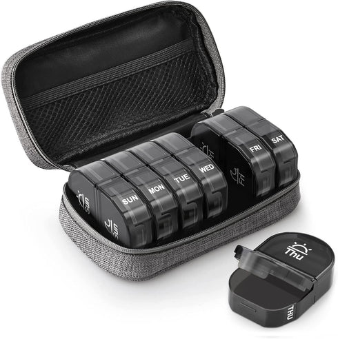 AUVON Canvas Bag Travel Pill Organizer - Large AM/PM Weekly Pill Box with Portable Gray Zipper Bag