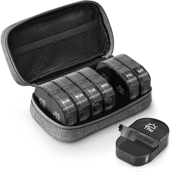 AUVON Canvas Bag Travel Pill Organizer - Large AM/PM Weekly Pill Box with Portable Gray Zipper Bag