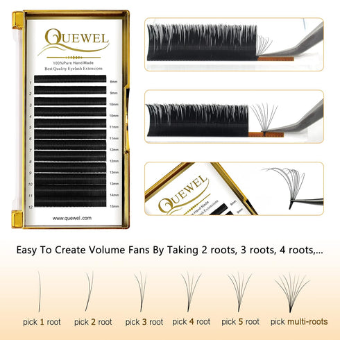 QUEWEL Volume Eyelash Extensions - 0.03-0.12mm, C/CC/D/DD Curl, Easy Fan Volume Lashes 2D-20D (0.10C Mix 8-15mm)