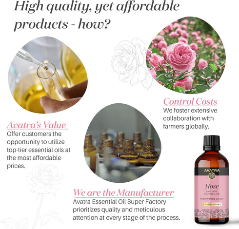 Avatra Rose Essential Oil | Pure & Natural for Diffuser, Skin, Hair & Aromatherapy, 3.38 Fl Oz