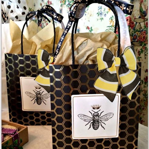 Wired Ribbon with Black, White and Yellow Stripes, Bee Design, 2.5” x 10yds, Spring and Summer Burlap