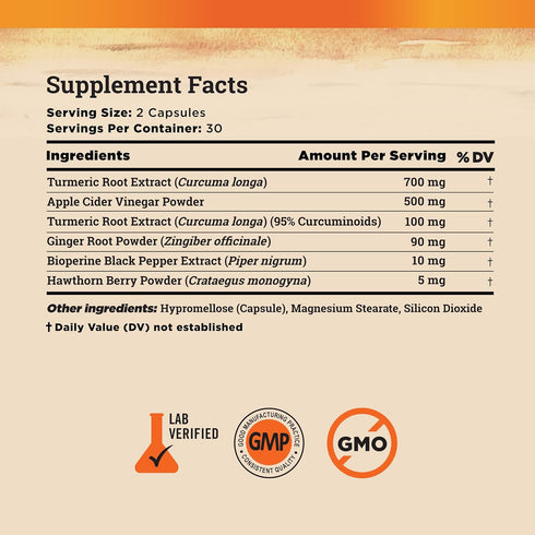 Turmeric and Ginger Supplement - Tumeric Curcumin Joint Support Pills with Apple Cider Vinegar & BioPerine, 60 Capsules