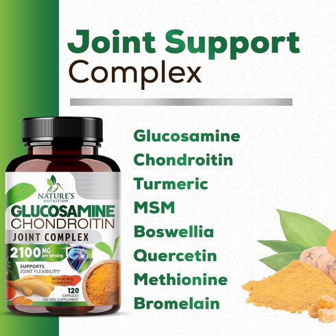 Triple Strength Glucosamine Capsules - Joint Support Supplement with Turmeric & Boswellia, Quercetin Bromelain - 120