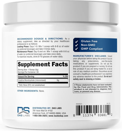 Bucked Up Creatine Monohydrate 250 Grams Micronized Powder, Essentials (50 Servings)