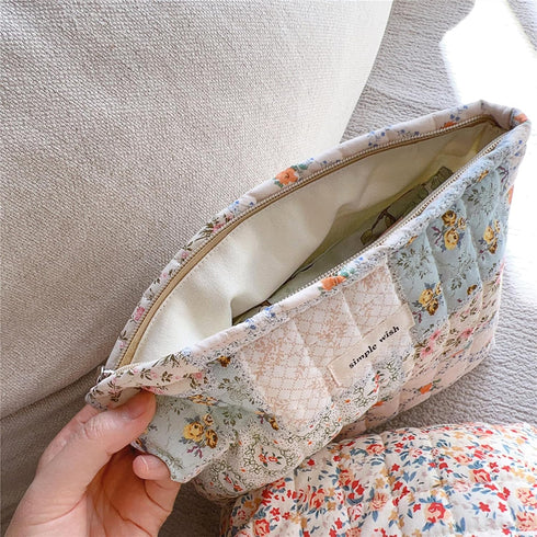 Floral Makeup Bag, Large Cotton Quilted Cosmetic Organizer, Aesthetic Portable Pouch for Women Girls Travel Accessories