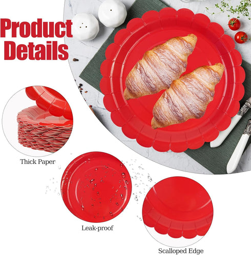 Xjoviative 50 9 Inch, 9 INCH) Pcs Red Paper Plates Scalloped Paper Plates Disposable Cake Dessert Dinner Plate