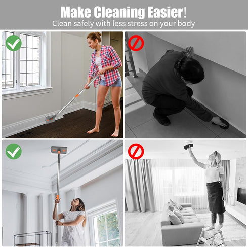 85” Baseboard Cleaner Tool with Handle, 180° Rotating Wall Mop, 6 Reusable Pads, Multifunctional Scrapper, Extension