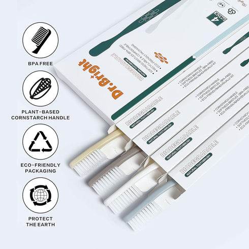 Packaging, 4 Pack DR.BRIGHT Eco-Friendly Toothbrushes, Natural Biodegradable Toothbrushes, Soft Toothbrush for Adults