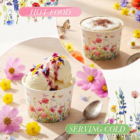 Maxdot 50 9oz Pcs Wildflower Ice Cream Paper Cups Spring Disposable Snack Cups Decorative Butterfly Paper Dessert Bowls