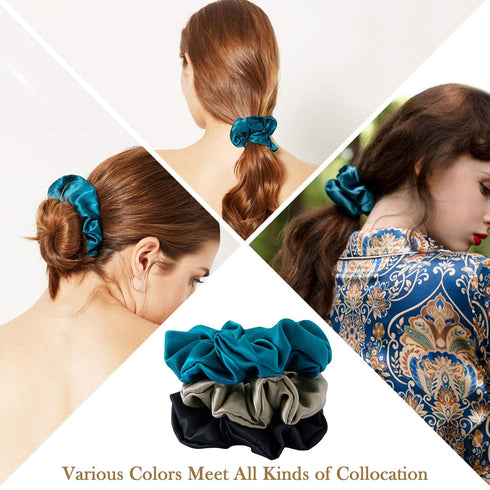 MulberrySilk Hair Scrunchies for Women, 3 Pack Silk Hair Ties for Sleep, Black, Taupe, Peacock Blue