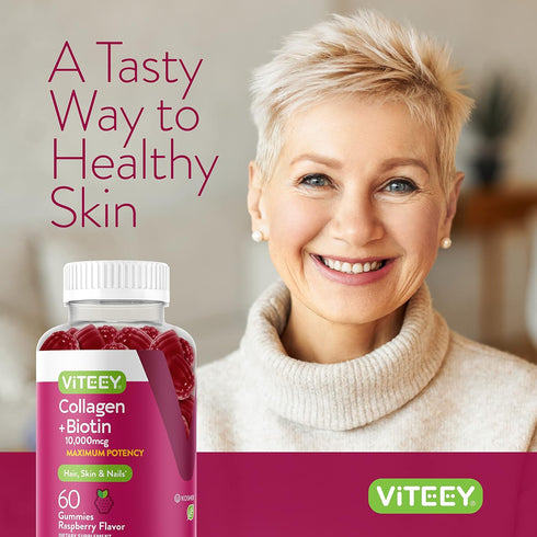 Collagen and Biotin Gummies for Hair, Skin, and Nails, Raspberry Flavored Chewable Vitamins for All Ages