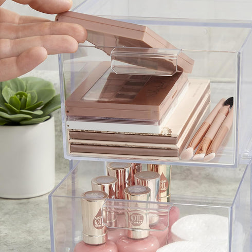 STORi Audrey Stackable Clear Bin Plastic Organizer Drawers | 2 Piece Set | Organize Cosmetics and Beauty Supplies on